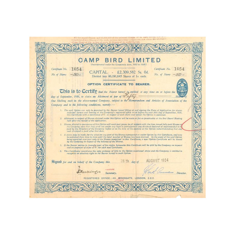 Camp Bird Ltd (Certif Nomin 50 Act 1 Shilling)