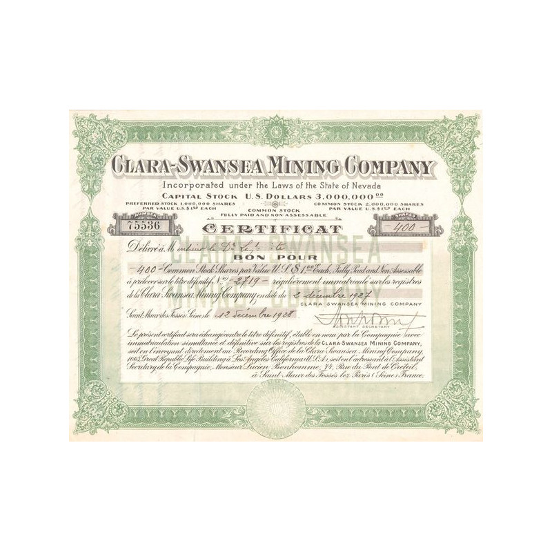 Clara-Swansea Mining Cy (Certif Nomin)