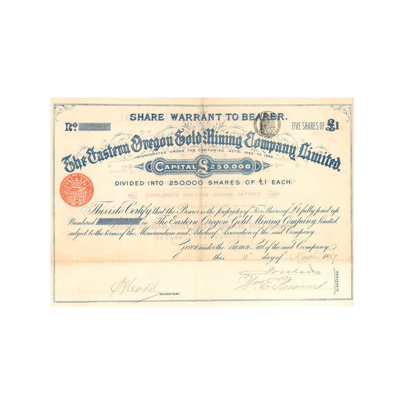 The Eastern Oregon Gold Mining Cy Ltd (Titres 05 Act £1)