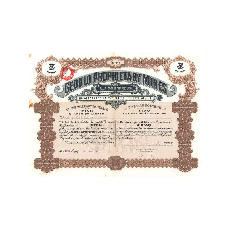 Geduld Proprietary Mines Ltd Incorporated in the Union of South Africa (Titres 05 Act £1)