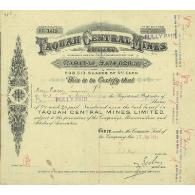 Taquah Central Mines Ltd (Certif Nomin d'Act)