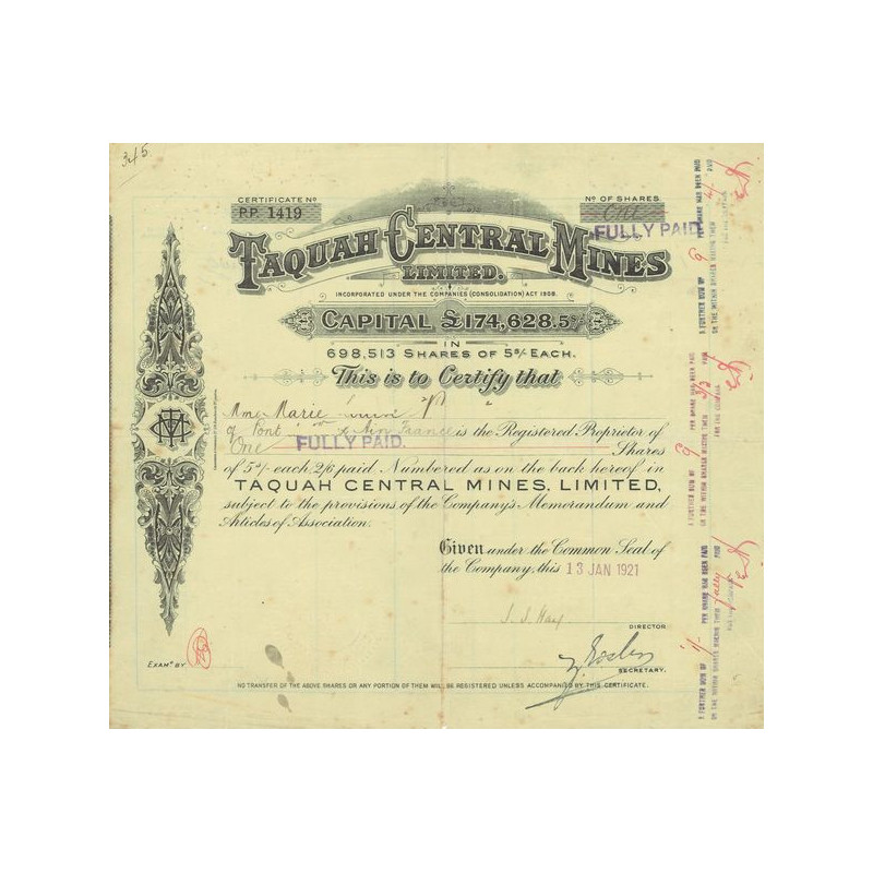 Taquah Central Mines Ltd (Certif Nomin d'Act)