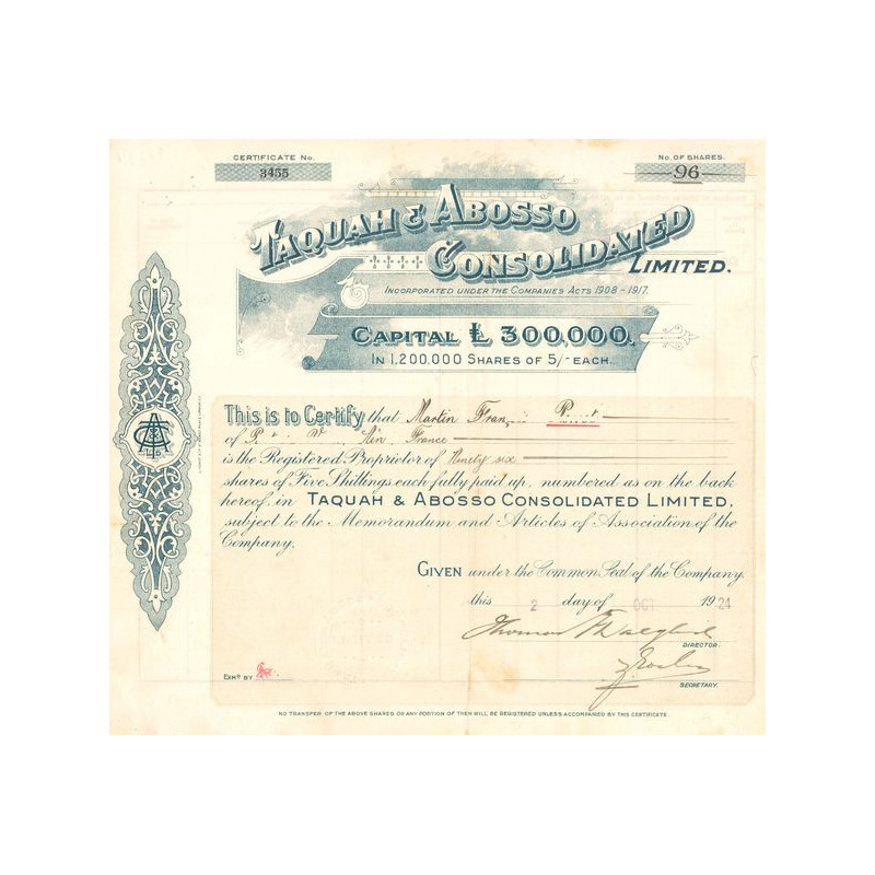 Taquah & Abosso Consolidated Ltd (Certif Nomin Act 05 £)