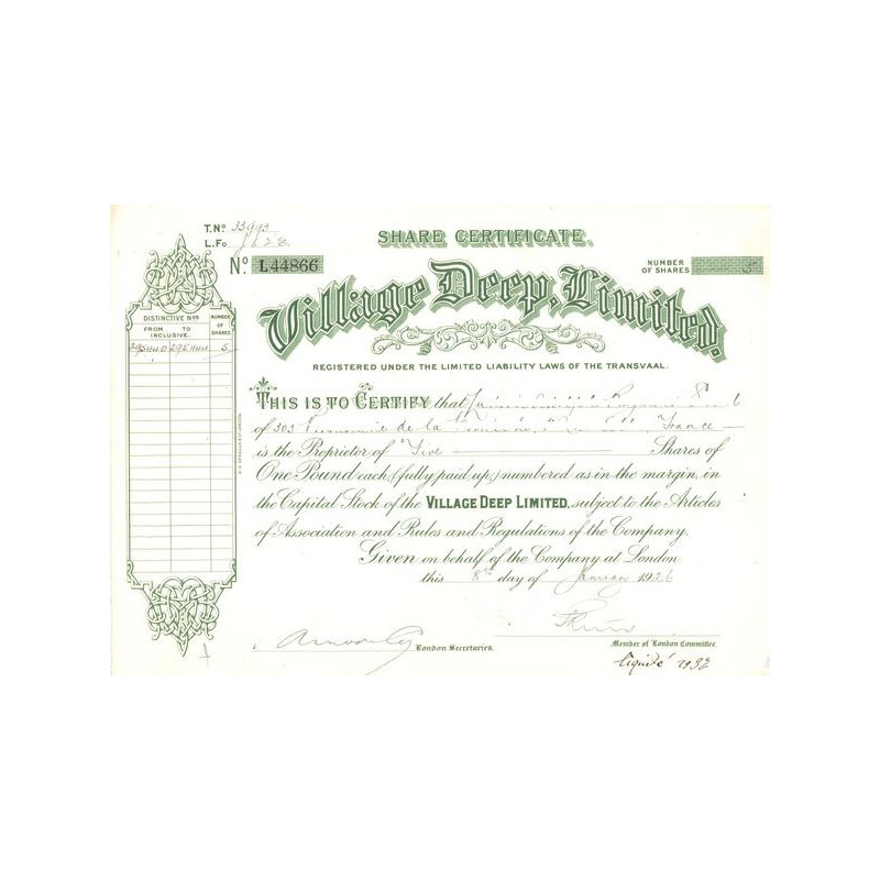 Village Deep Ltd (Certif Nomin)