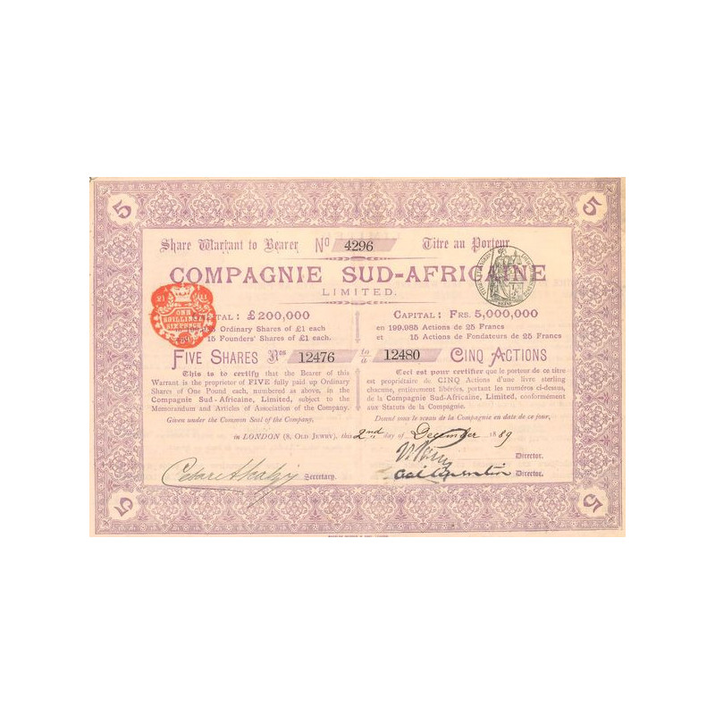Cie Sud-Africaine Ltd (Titre 05 Act 25 F)