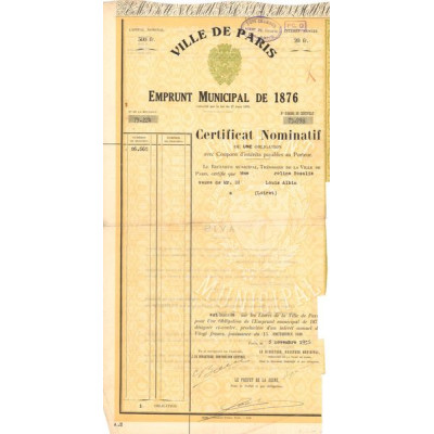 Ville de Paris Emprunt Municipal de 1876 (Certif Nomin)