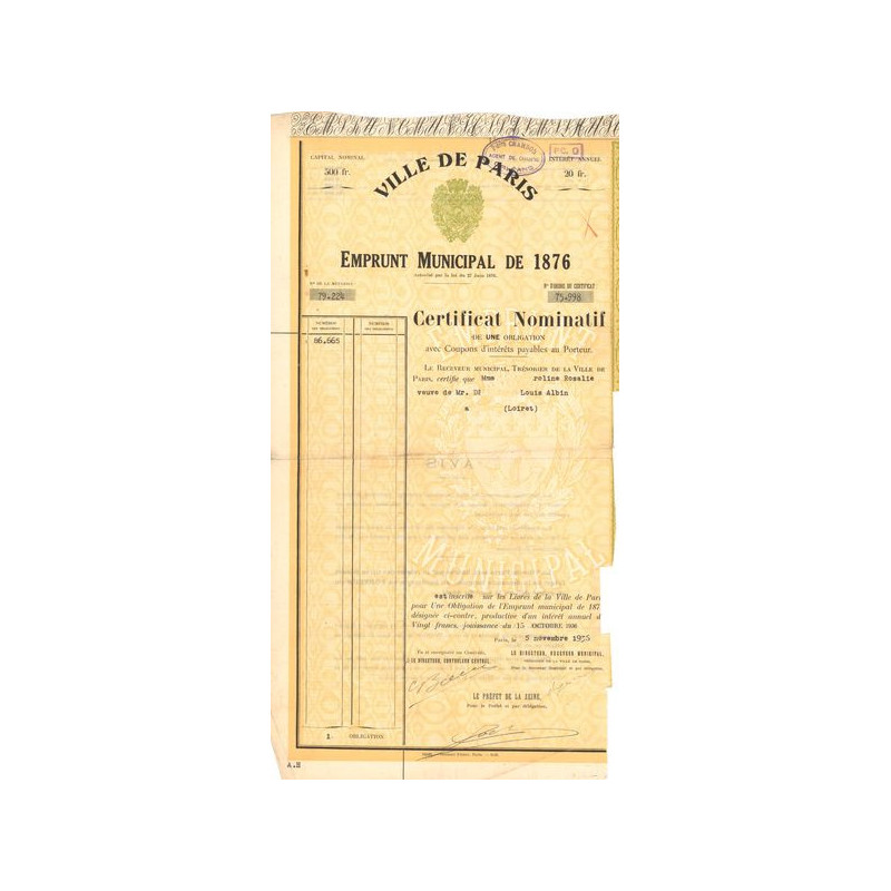 Ville de Paris Emprunt Municipal de 1876 (Certif Nomin)