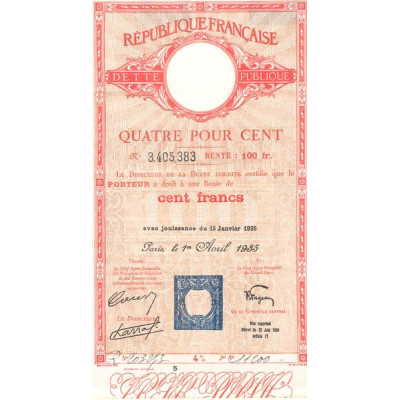 République Française - Dette publique 4% (Rente 100 F)