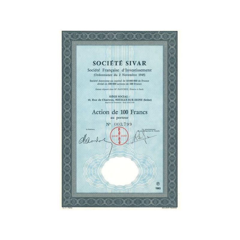 Sté Sivar Sté Française d'Investissement (Ordonnance du 2 Novembre 1945) (Act 100 F)