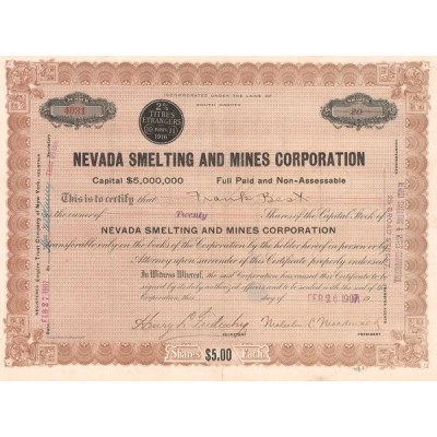 Nevada Smelting and Mines Corporation (Titre 20 Shares 5$)