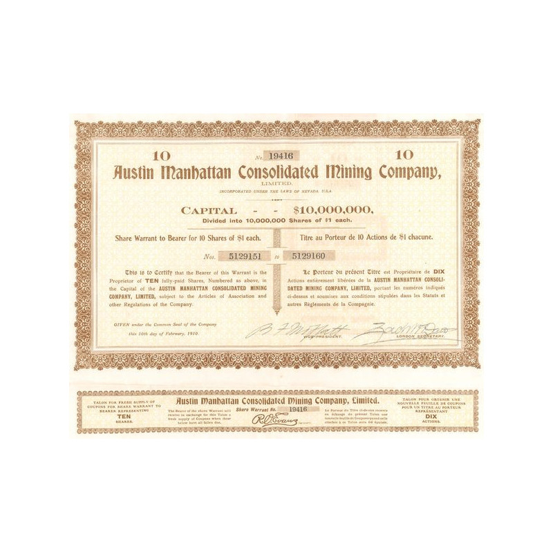 Austin Manhattan Consolidated Mining Cy (Titre 10 Act 1$)