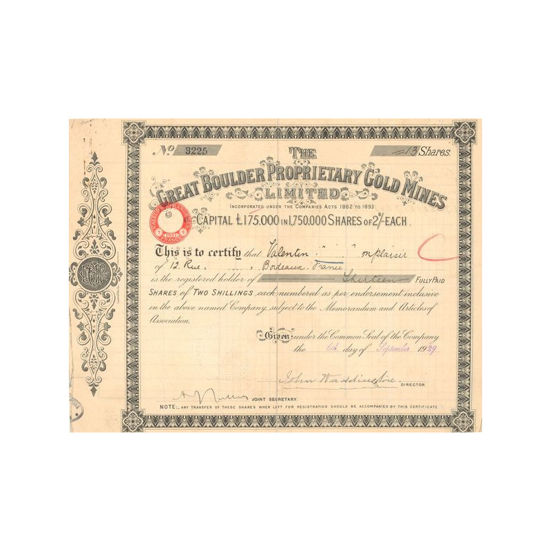 The Great Boulder Proprietary Gold Mines Ltd (Titre13 Act 2£)