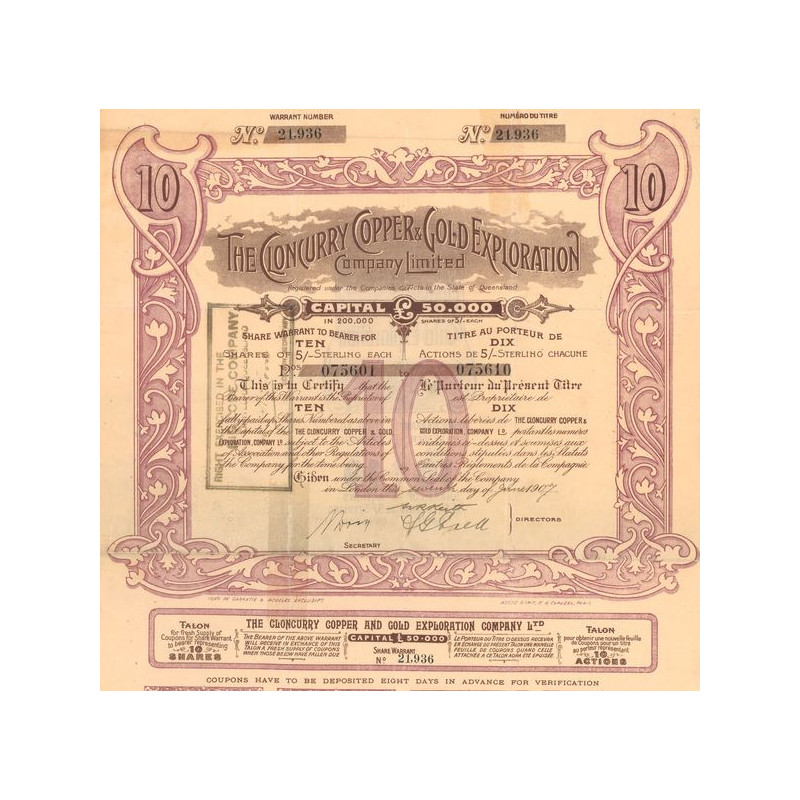 The Cloncurry Copper & Gold Exploration Cy Ltd (Titre 10 Act 5/- sterling)
