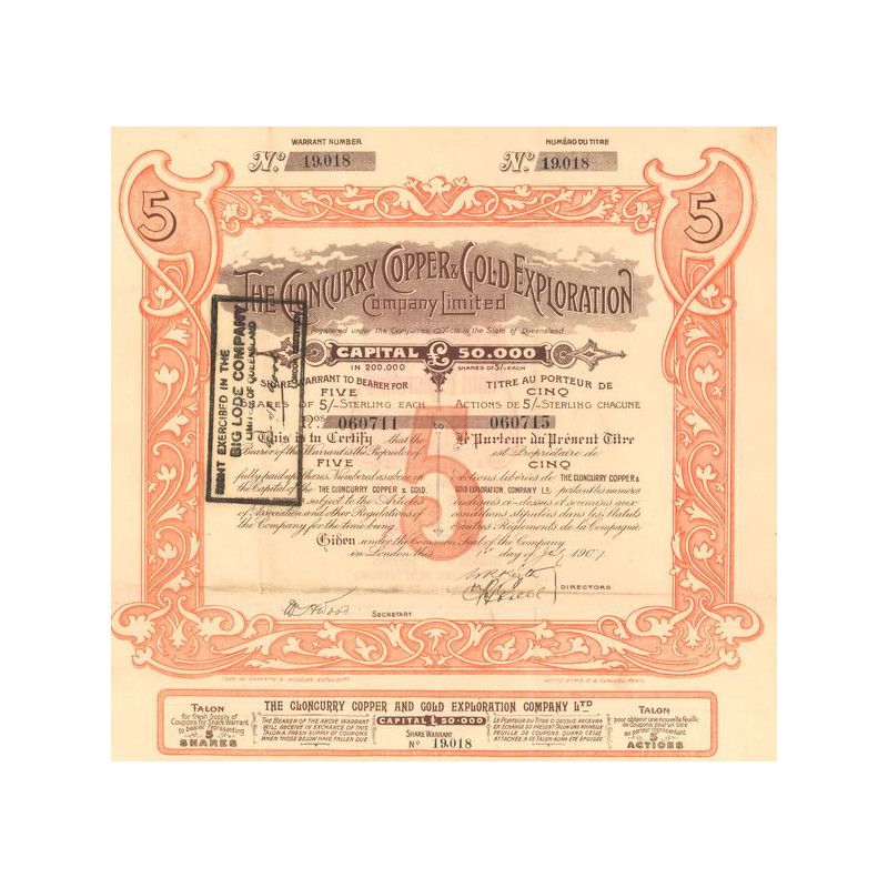 The Cloncurry Copper & Gold Exploration Cy Ltd (Titre 05 Act 5/- sterling)