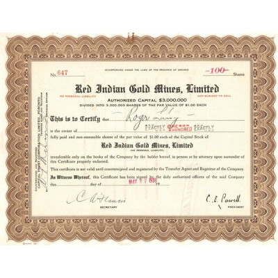Red Indian Gold Mines Ltd (Titre 100 Shares 1$)