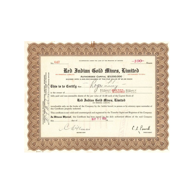 Red Indian Gold Mines Ltd (Titre 100 Shares 1$)