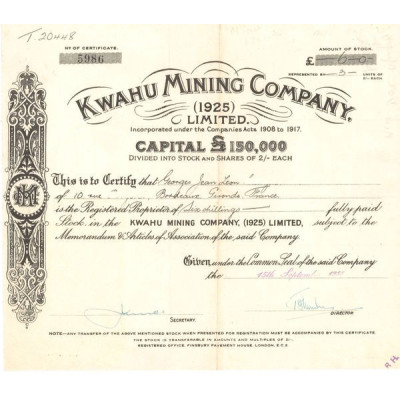 Kwahu Mining Cy (1925) Ltd (Titre 03 Act 2£)