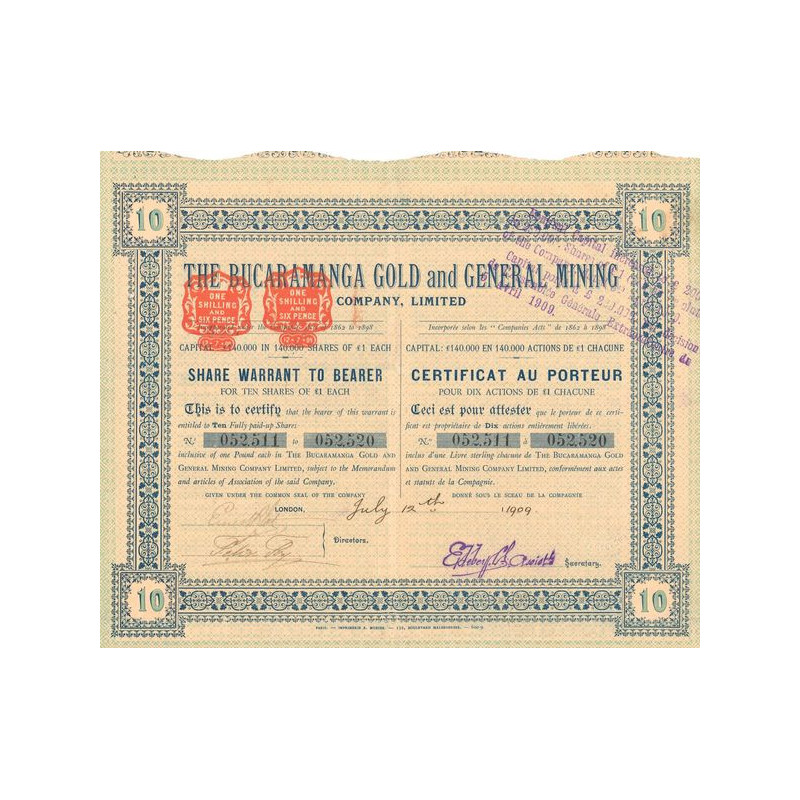 The Bucaramanga Gold and General Mining Cy Ltd (Certif Titre 10 Act 1£)