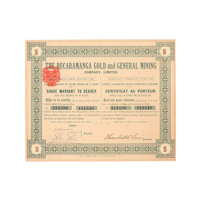 The Bucaramanga Gold and General Mining Cy Ltd (Certif Titre 05 Act 1£)
