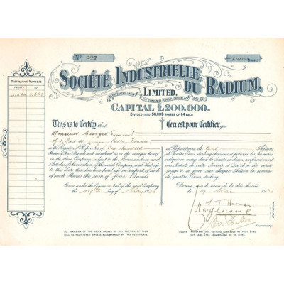 Sté Industrielle du Radium (Titre 100 Act 4£)