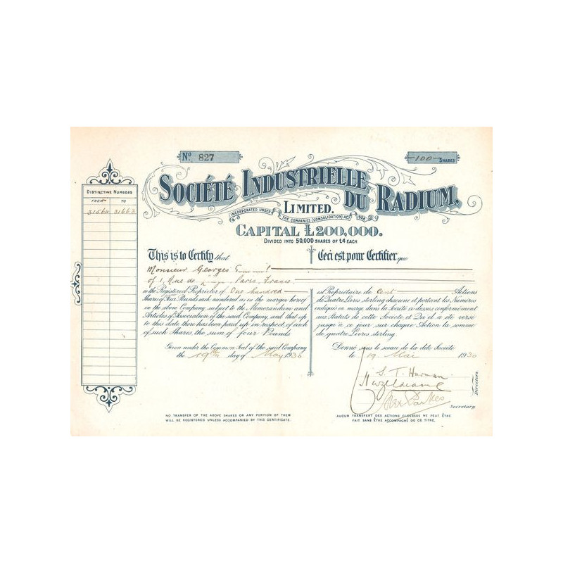 Sté Industrielle du Radium (Titre 100 Act 4£)