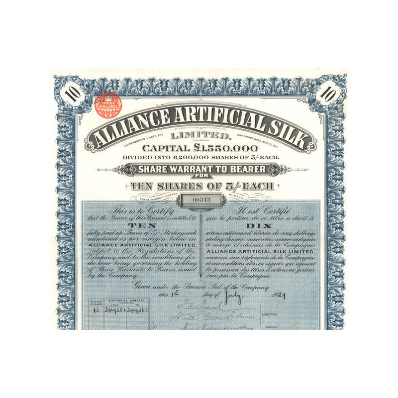 Alliance Artificial Silk Ltd (Titre 10 Act 5£)