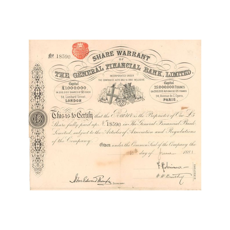 Share Warrant of The General Financial Bank Ltd (Act 5£)