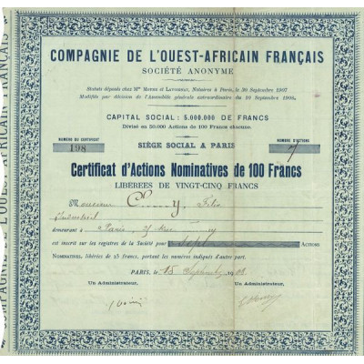 Cie de l'Ouest-Africain Français (Certif Nomin 100 F)