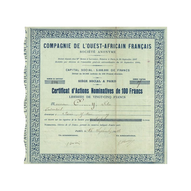 Cie de l'Ouest-Africain Français (Certif Nomin 100 F)