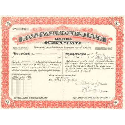 Bolivar Gold Mines Ltd (Titre 400 Act O 1£)