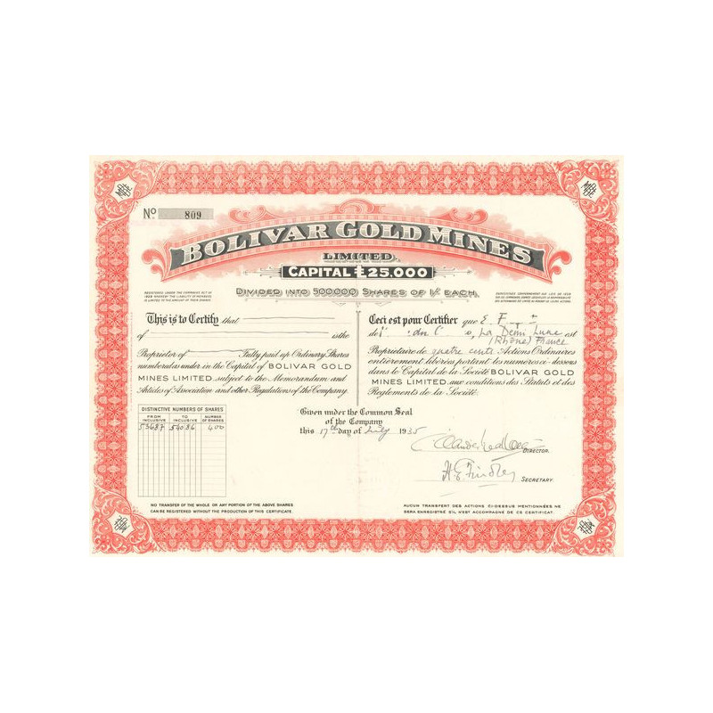 Bolivar Gold Mines Ltd (Titre 400 Act O 1£)