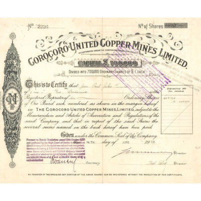 Corocoro United Copper Mines Ltd (Titre Nomin 10 Act 1£)