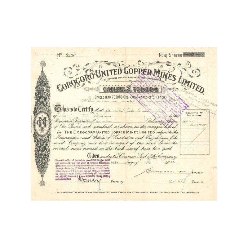 Corocoro United Copper Mines Ltd (Titre Nomin 10 Act 1£)