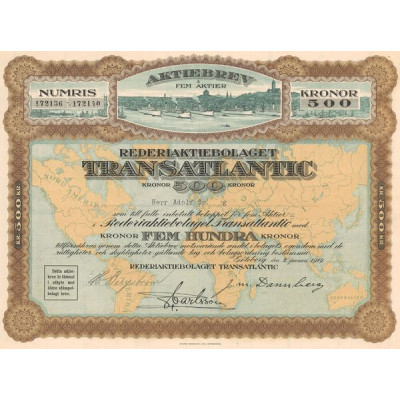 Aktiebrev â Fem Aktier Rederiaktiebolaget Transatlantic (Act 0500 Kronor Nomin)