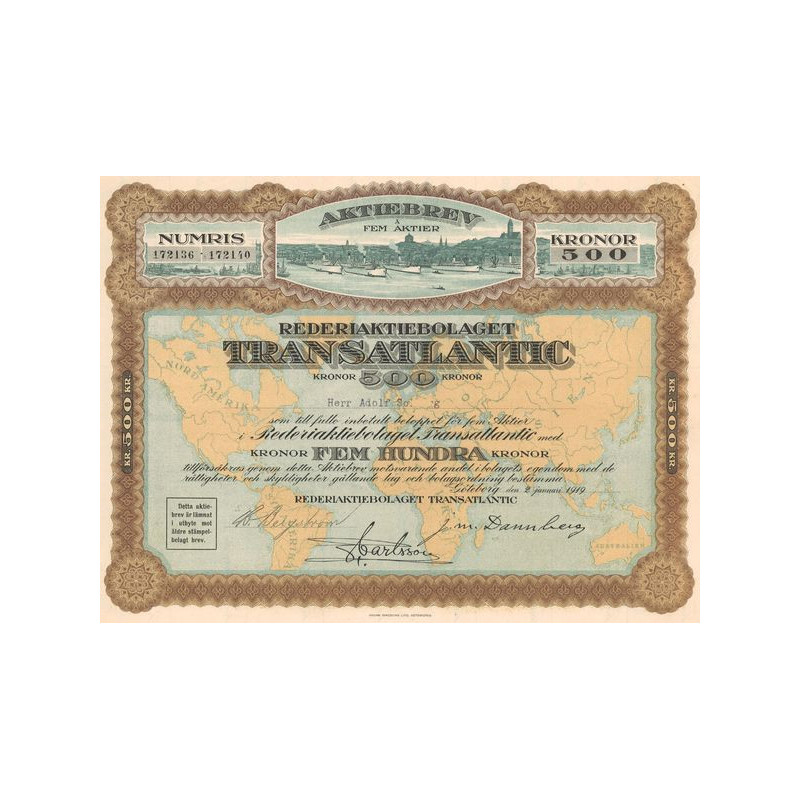 Aktiebrev â Fem Aktier Rederiaktiebolaget Transatlantic (Act 0500 Kronor Nomin)