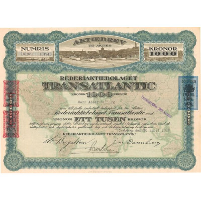 Aktiebrev â Fem Aktier Rederiaktiebolaget Transatlantic (Act 1000 Kronor Nomin)