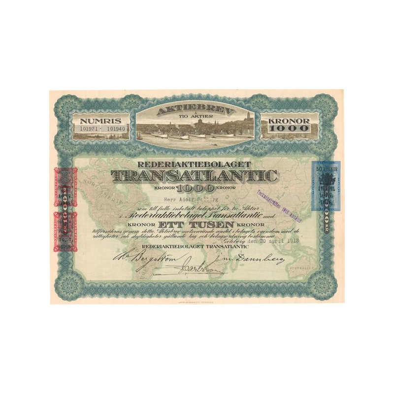 Aktiebrev â Fem Aktier Rederiaktiebolaget Transatlantic (Act 1000 Kronor Nomin)