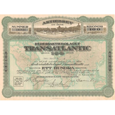 Aktiebrev â Fem Aktier Rederiaktiebolaget Transatlantic (Act 0100 Kronor Nomin)