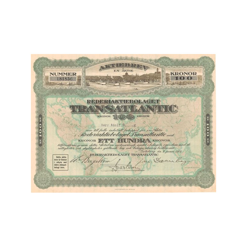 Aktiebrev â Fem Aktier Rederiaktiebolaget Transatlantic (Act 0100 Kronor Nomin)