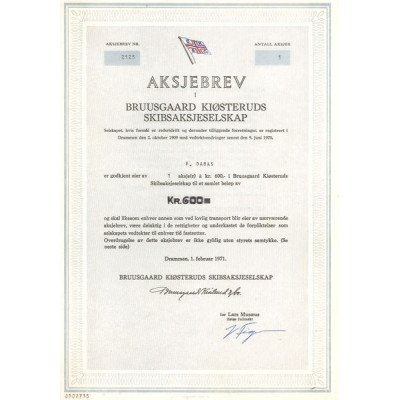 Aksjebrev I Bruusgaard Kiosteruds Skibsaksjeselskap (Act 600 Kronor)