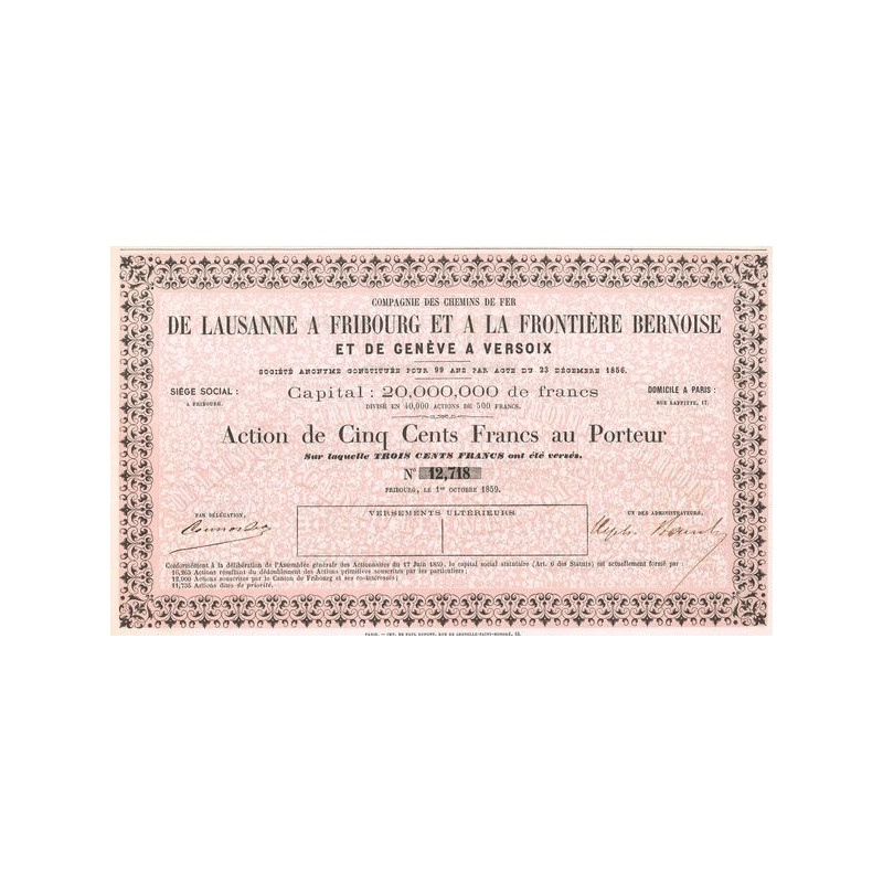 Cie des Chemins de Fer de Lausanne à Fribourg et à la Frontière Bernoise et de Genève à Versoix (Act 500 F)