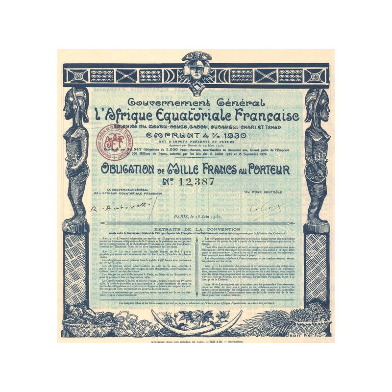 Gvt Général de l'Afrique Equatoriale Française - Emprunt 4 % 1930 (Obl 1000 F)