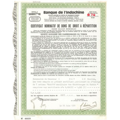 Banque de L'Indochine - Sté Auxiliaire des Charbonnages du Tonkin (Certif Nomin de Bons)