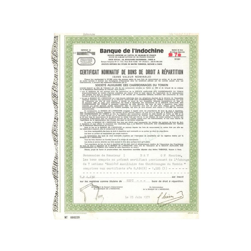 Banque de L'Indochine - Sté Auxiliaire des Charbonnages du Tonkin (Certif Nomin de Bons)