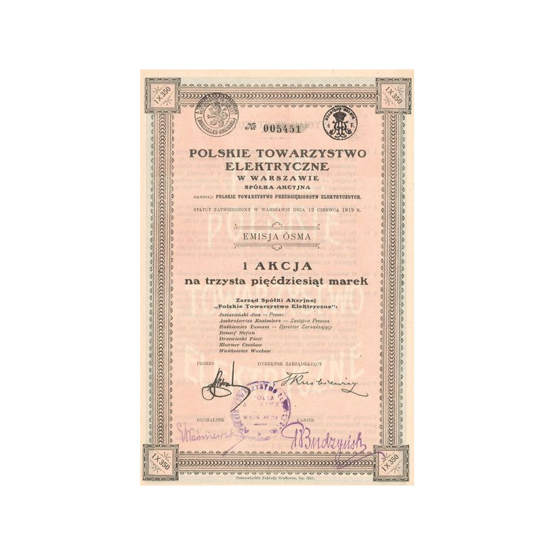 Polskie Towarzystwo Elektryczne w Warszawie Spolka Akcyjna (Act 350 Zlotys)