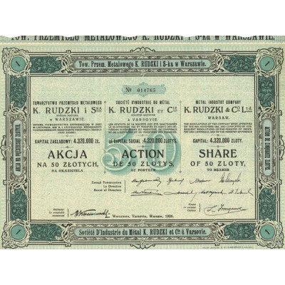 Sté d'Industrie de Métal K. Rudzki et Cie (Act 50 Zlotys)