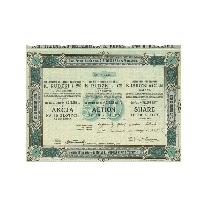 Sté d'Industrie de Métal K. Rudzki et Cie (Act 50 Zlotys)