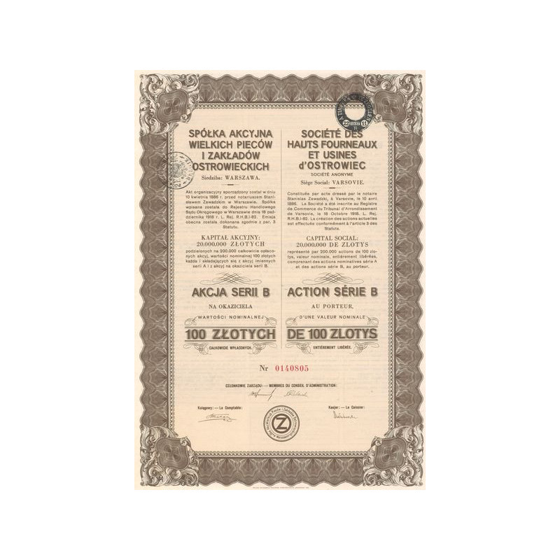 Sté des Hauts-Fourneaux et des Usines d'Ostrowiec (Act 100 Zlotys)