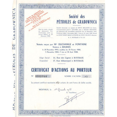 Sté des Pétroles de Grabownica (Certif Nomin)