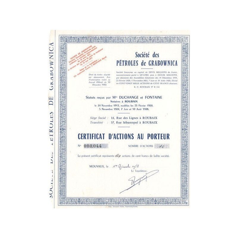 Sté des Pétroles de Grabownica (Certif Nomin)